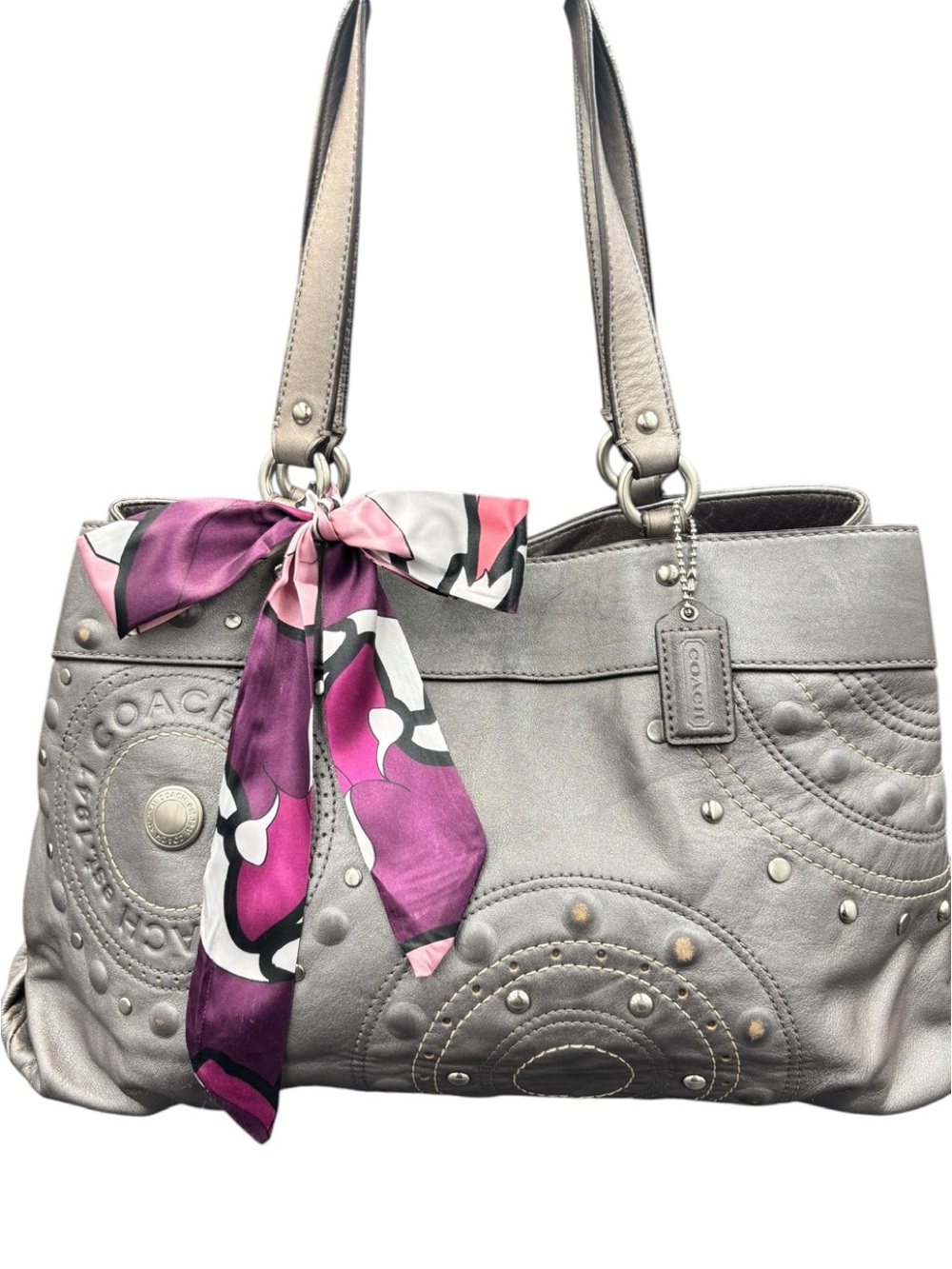 Coach 2010 Metallic Silver Leather Studded Circle Appliqué Carryall Tote F16273